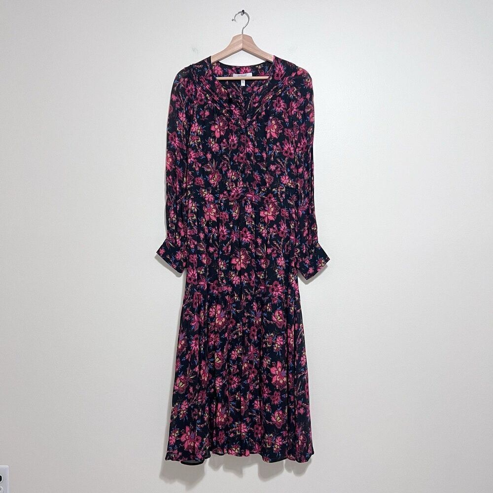 Derek Lam 10 Crosby Tracy Floral Chiffon Midi Dress Size 10 Black Pink - Picture 2 of 13